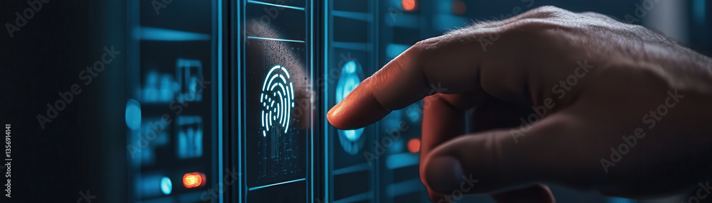 close up of hand interacting with secure login interface featuring biometric technology, showcasing modern security features and innovation