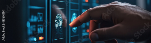 Obraz na płótnie close up of hand interacting with secure login interface featuring biometric technology, showcasing modern security features and innovation w salonie