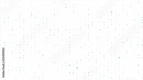 Abstract minimalist white background with blue dots random motion. Digital technology background, information flow, big data, and binary code. Network connection concept,  futuristic grid. 4k loop.