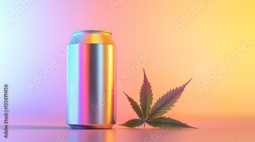 Canned cannabis-infused beverage featuring a minimalistic design, set against muted blurred background colors. A modern cannabis-infused beverage in a can, set against soft blurred tones.