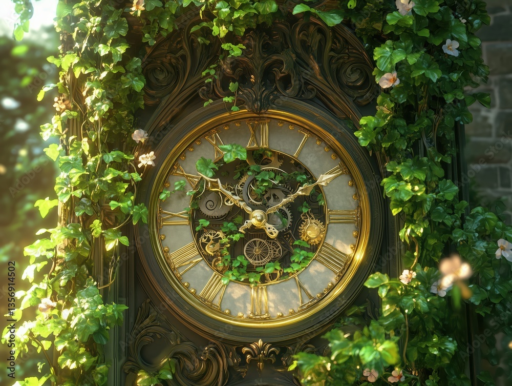 Fototapeta premium An antique clock with intricate gold details, its internal gears and mechanisms enslaved over time by lush green vines and blossoming flowers.