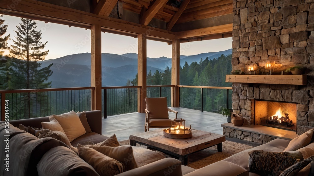 Fototapeta premium A cozy living room with a view, featuring plush sofas and a stone fireplace, perfect for relaxation in nature.