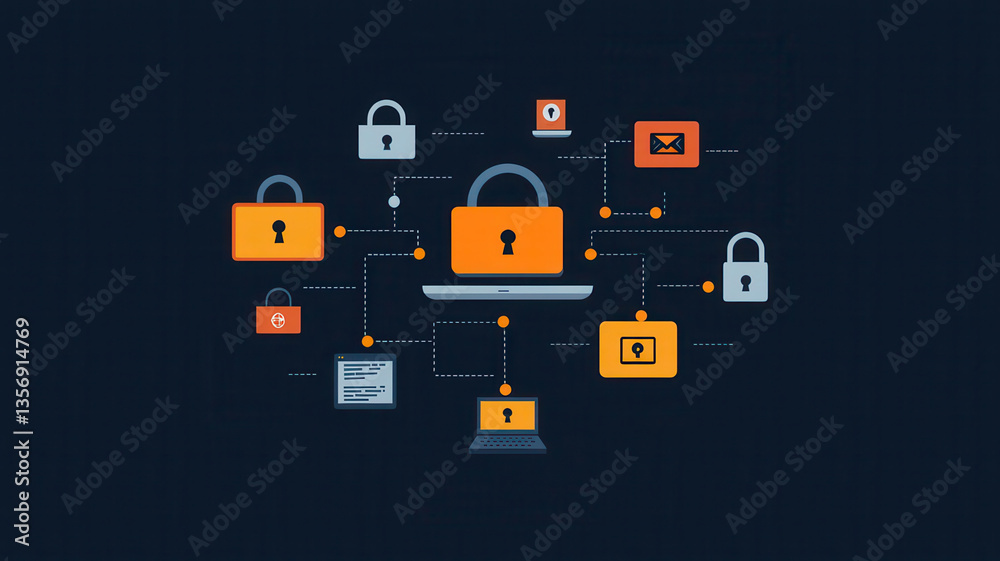 Secure connections and digital locks are illustrated in this network diagram, showcasing importance of cybersecurity in modern technology