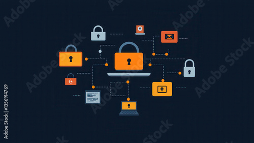 Obraz na płótnie Secure connections and digital locks are illustrated in this network diagram, showcasing importance of cybersecurity in modern technology w salonie