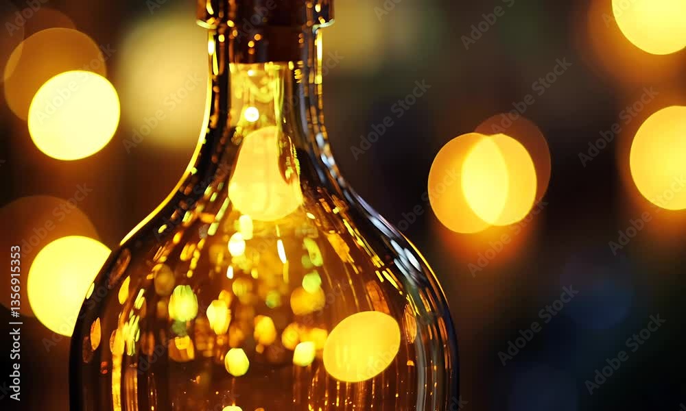 Illuminated glass bottle with a cork stopper against a blurred backdrop of golden bokeh lights.