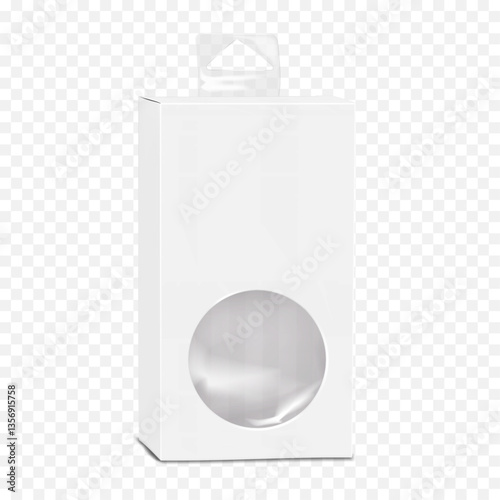 Tall narrow white paper box with tuck-in flap, clear round plastic window, PVC triangle hole hang tab. Realistic 3d vector mock-up. Hanging cardboard window box. Mockup. Paperboard container. Template