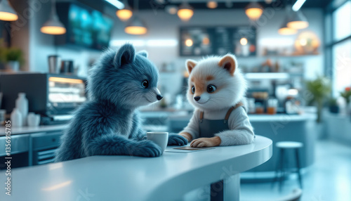 Fototapeta Naklejka Na Ścianę i Meble -  Two adorable furry creatures are enjoying a cafe date together happily