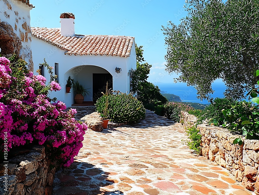 Fototapeta premium Spanish villa walkway, ocean view