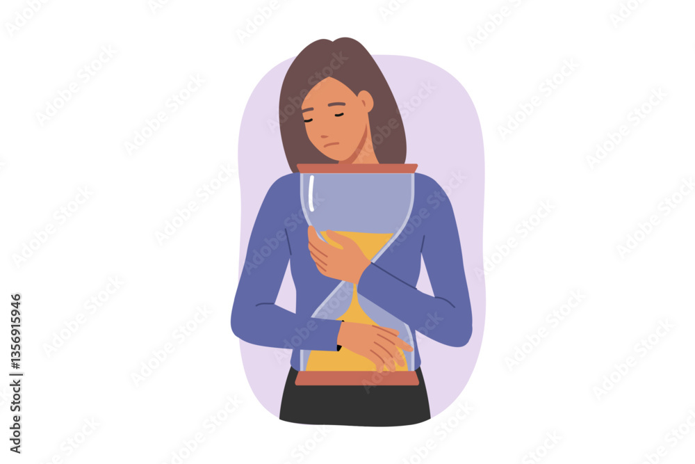 Feelings of being bitten by time causes stress in woman hugging large hourglass. Girl experiences apathy and depression due to lost time and inability to return to past to correct mistakes.