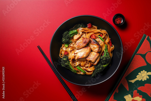Asian stir fried noodle meal with duck, Chinese broccoli, drizzled with sauce and honey, showcased on bright red background