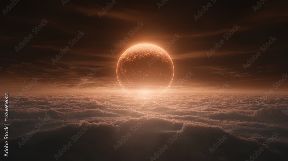 Fototapeta premium Massive Fiery Orange Planet Soa Above Lush Emerald Valleys and Dramatic Cloud-Swept Sky of Wonder and Beauty