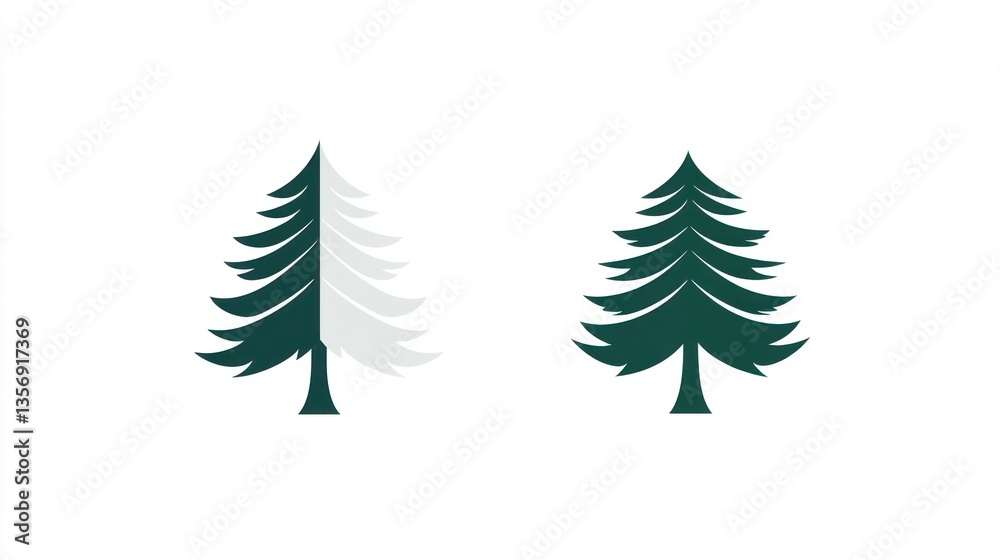 Obraz premium Two stylized pine trees, white and dark green