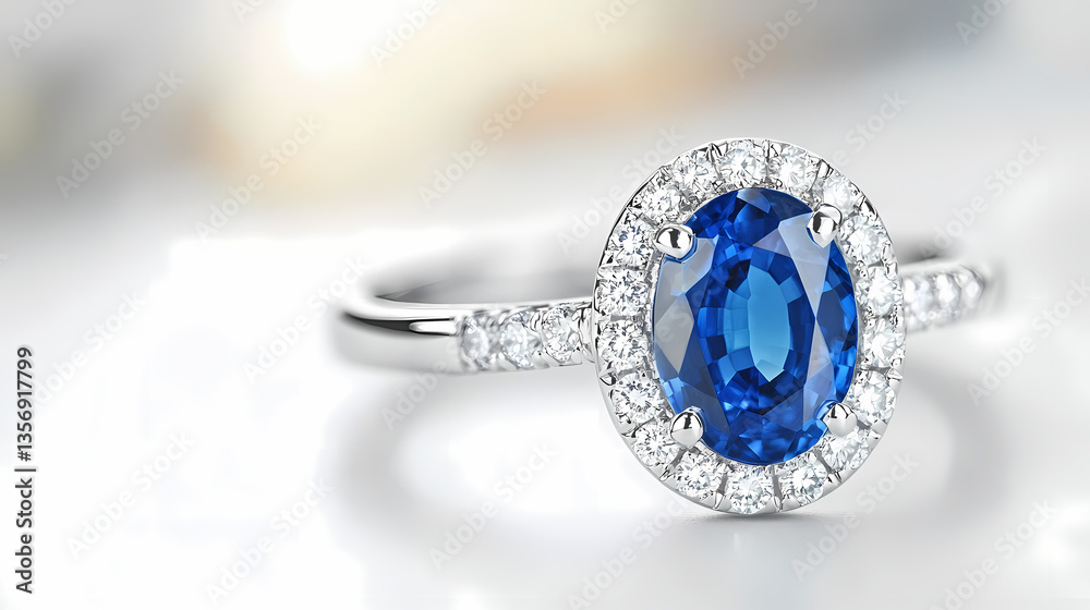 A Regal Promise: A captivating close-up of an exquisite sapphire ring, showcasing its dazzling oval-cut sapphire centerpiece and intricate diamond halo, set against a soft backdrop. A Regal Promise: A captivating close-up of an exquisite sapphire ring, showcasing its dazzling oval-cut sapphire centerpiece and intricate diamond halo, set against a soft backdrop.