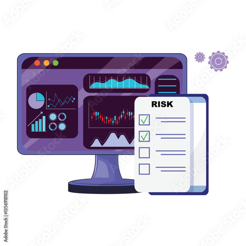 RIsk management illustration with graphs, analyses, and mobile device