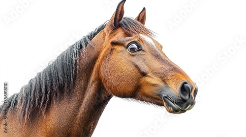 A surprised horse with its mouth slightly open and ears alert, its expressive face vividly detailed against a clean white background for a dramatic effect. 