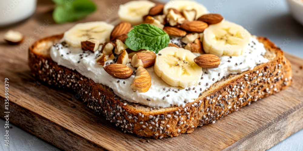 Toast with banana almond topping on wooden board healthy snack with seeds and mint garnish Toast with banana almond topping on wooden board healthy snack with seeds and mint garnish