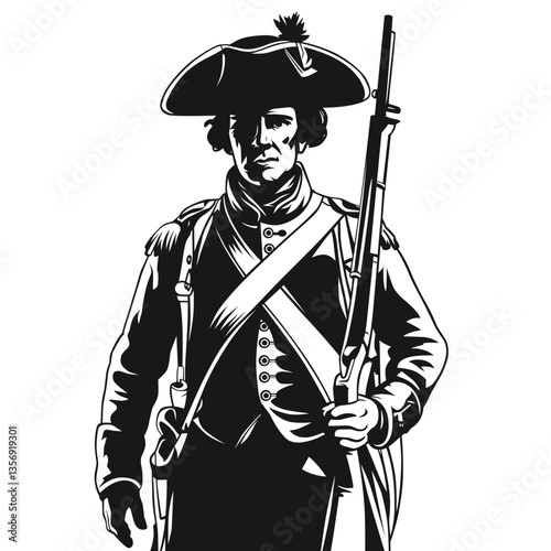 Colonial-era soldier in traditional uniform with musket, drawn in monochrome