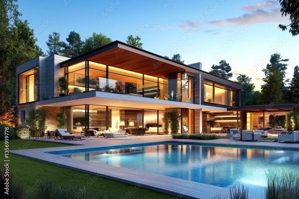 Captivating Dusk View of a 3D Modern House with Outdoor Pool Captivating Dusk View of a 3D Modern House with Outdoor Pool