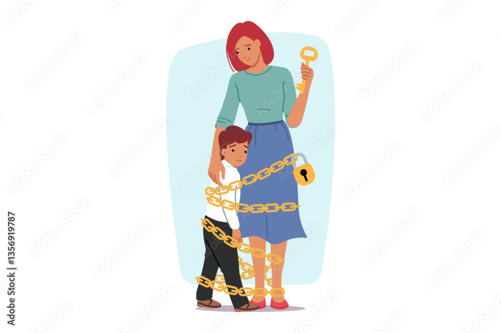 Problem of overprotection is that woman ties child with chain to herself, out of desire to protect son. Little boy needs to get rid of overprotection to avoid psychological trauma.