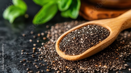 A wooden spoon filled with chia seeds rests on a dark surface, highlighting the natural texture and health benefits of these small superfood seeds in culinary practices.
