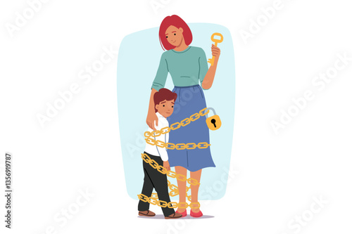 Obraz na płótnie Problem of overprotection is that woman ties child with chain to herself, out of desire to protect son. Little boy needs to get rid of overprotection to avoid psychological trauma. w salonie
