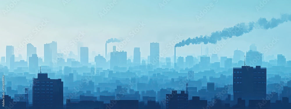Obraz premium City Skyline View with Smoke and Haze in Blue Tone Background