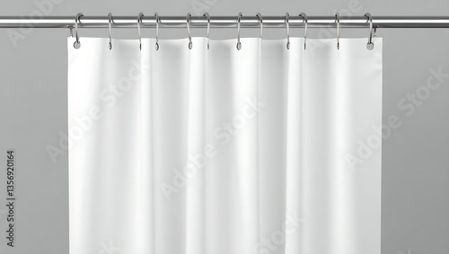Minimalist white shower curtain with smooth fabric and vertical folds, hanging from a silver metal rod against a plain gray background, showcasing modern, clean design.