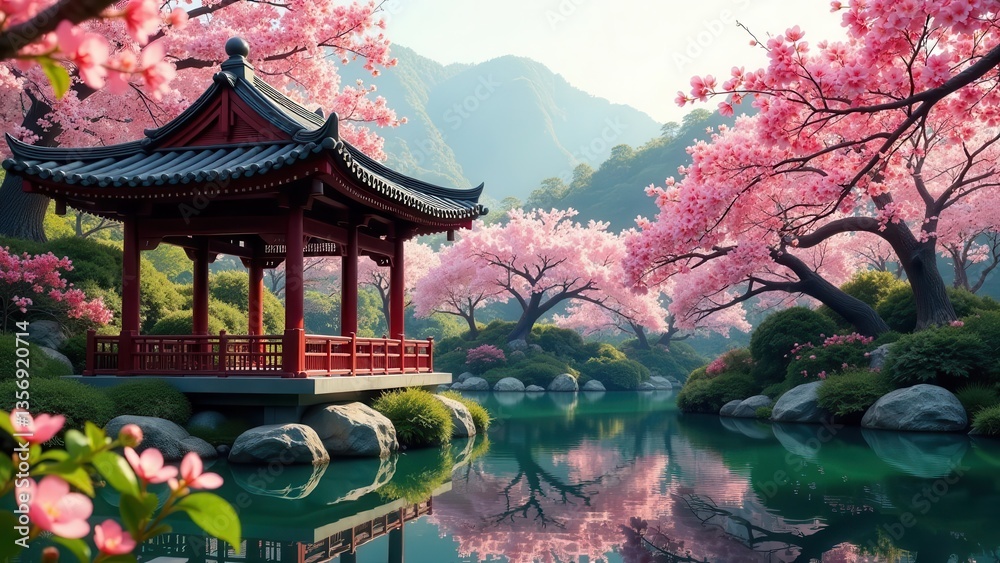 Obraz premium Serene Pavilion by a Tranquil Pond Under a Canopy of Blossoming Cherry Trees in a Picturesque Garden Setting