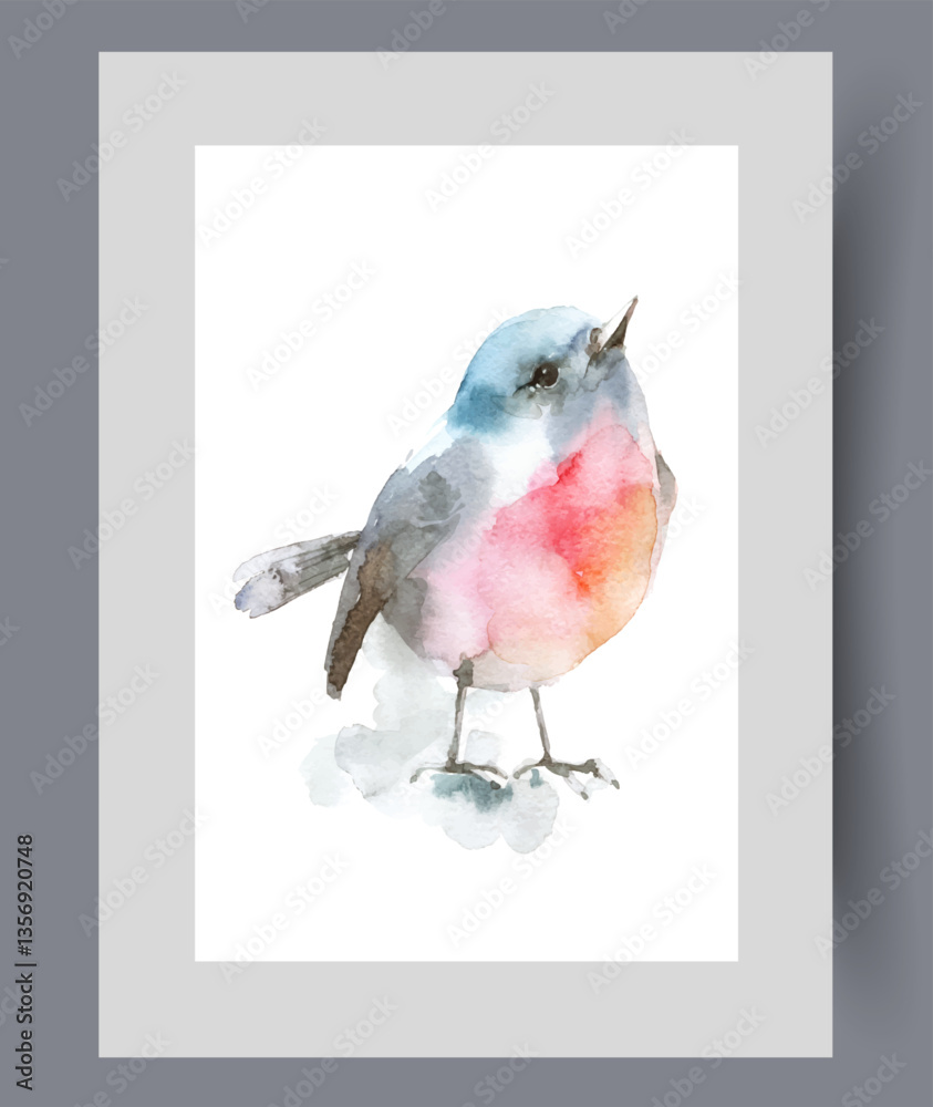 Beautiful tit bird lifting its beak up to sing or chirp on print. Watercolor poster. Artwork with songbird tit with small legs from ornithological park, in frame with decor for wall art