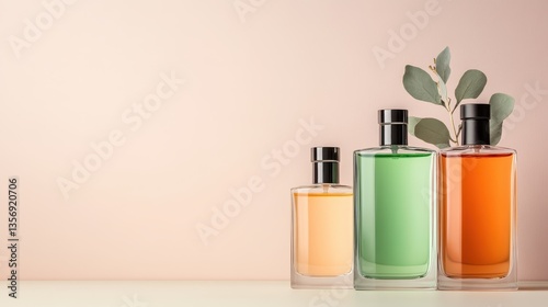 Wallpaper Mural Three elegantly designed perfume bottles showcase vibrant colors, symbolizing beauty, individuality, and the essence of luxury in contemporary fragrance. Torontodigital.ca