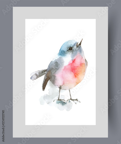 Obraz na płótnie Beautiful tit bird lifting its beak up to sing or chirp on print. Watercolor poster. Artwork with songbird tit with small legs from ornithological park, in frame with decor for wall art w salonie