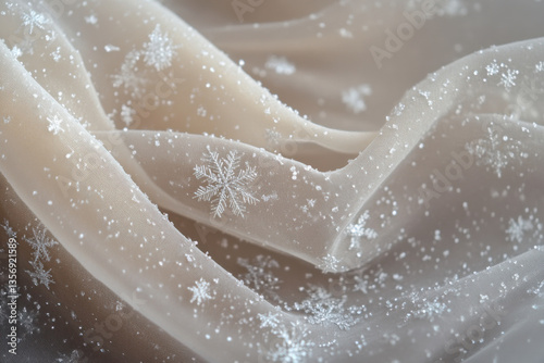 White snowflakes on a silver thread, draped on a white background, capturing winter magic
