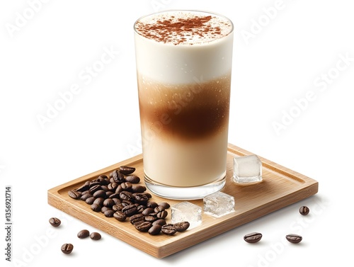 Iced cappuccino with creamy milk froth and coffee beans