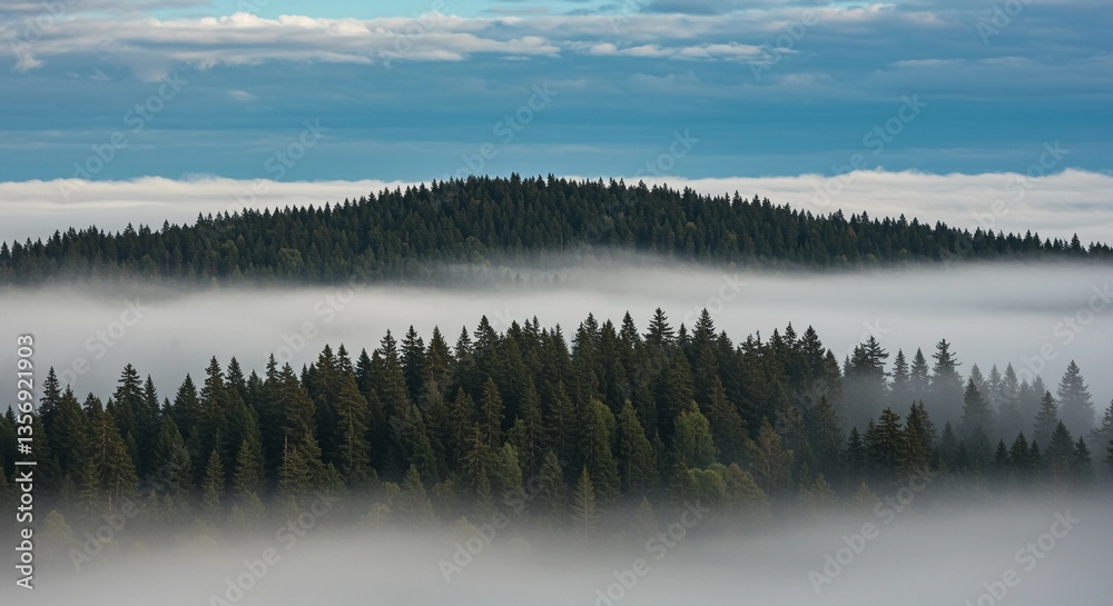 Fototapeta premium Foggy Forest : Trees emerge from sea of mist in tranquil landscape