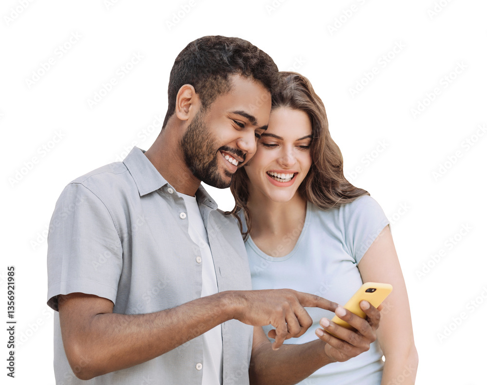 Fototapeta premium Beautiful happy young couple using smartphone isolated transparent PNG, Joyful smiling woman and man looking at mobile phone. Love, travel, tourism, students lifestyle concept