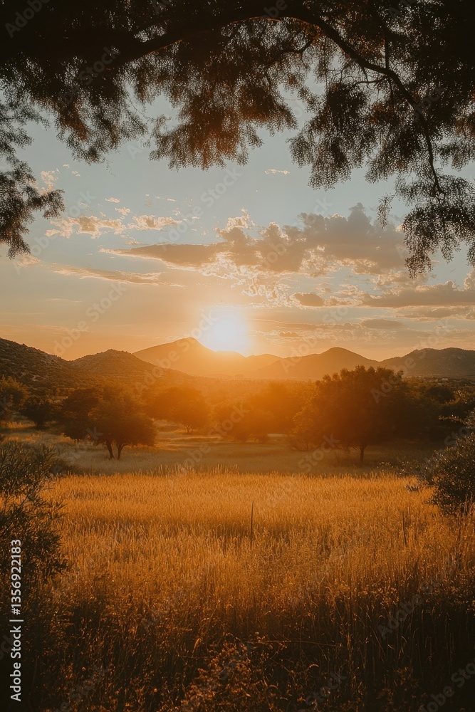 Fototapeta premium Golden hour paints the landscape with warm light as the sun sets behind distant mountains and a field of golden grass