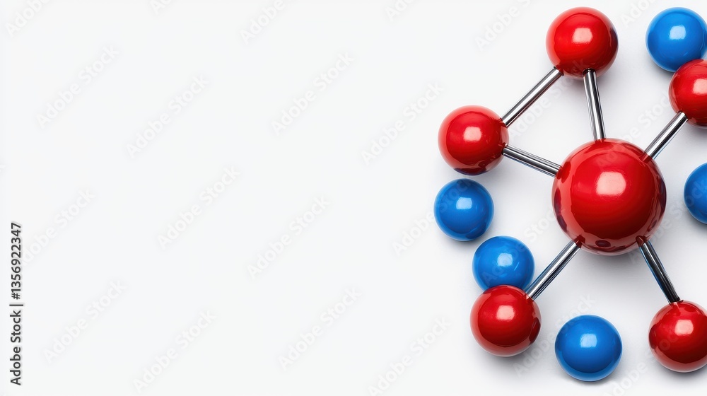 Fototapeta premium Simplified Model of Ionic Bonding with Red and Blue Spheres Connected by Metallic Rods on White Background for Learning Purposes