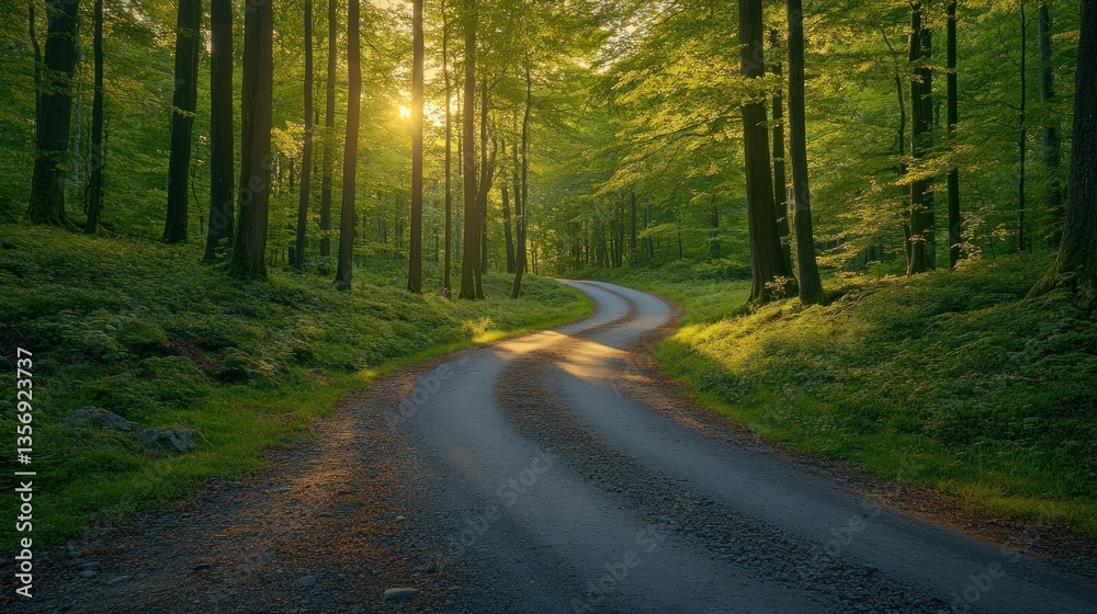 Obraz premium Winding forest path at sunrise