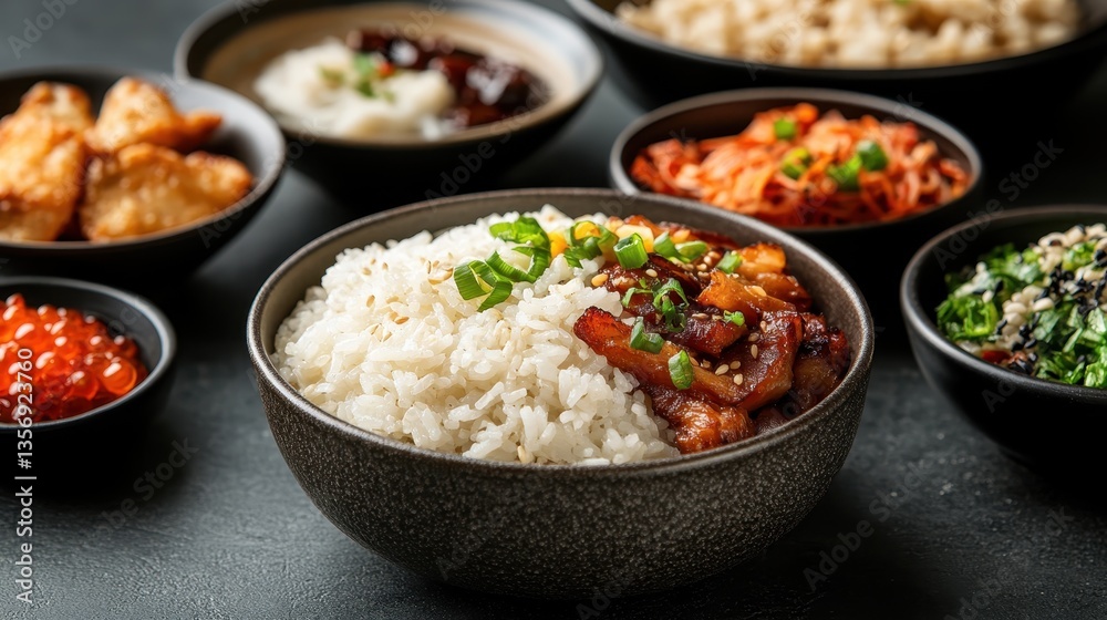 An appealing bowl of rice topped with grilled meat and vegetables, beautifully presented with green onions, embodying a satisfying meal that tantalizes the taste buds. An appealing bowl of rice topped with grilled meat and vegetables, beautifully presented with green onions, embodying a satisfying meal that tantalizes the taste buds.