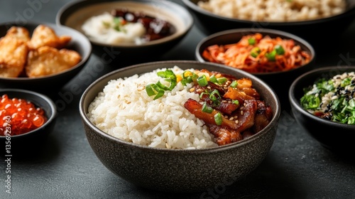 An appealing bowl of rice topped with grilled meat and vegetables, beautifully presented with green onions, embodying a satisfying meal that tantalizes the taste buds.