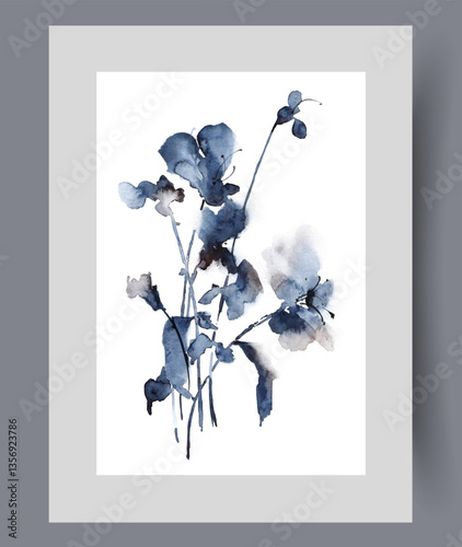 Wildflowers with dark blue petals to create beautiful bouquets on wall art. Watercolor artwork. Print with wildflowers grown on plantations for sale in flower shop, in frame with decor for poster