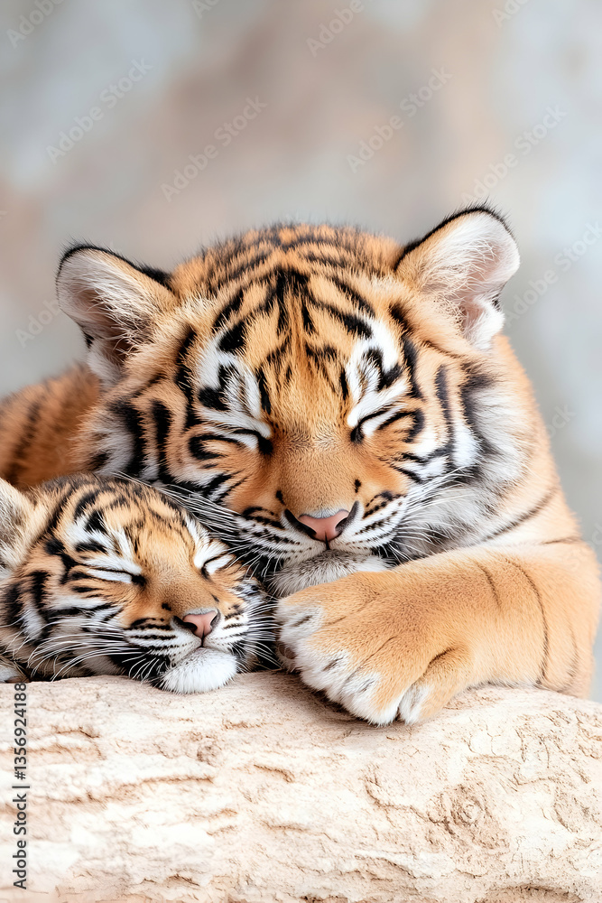 Obraz premium A mother tiger gently cradles her sleeping cub