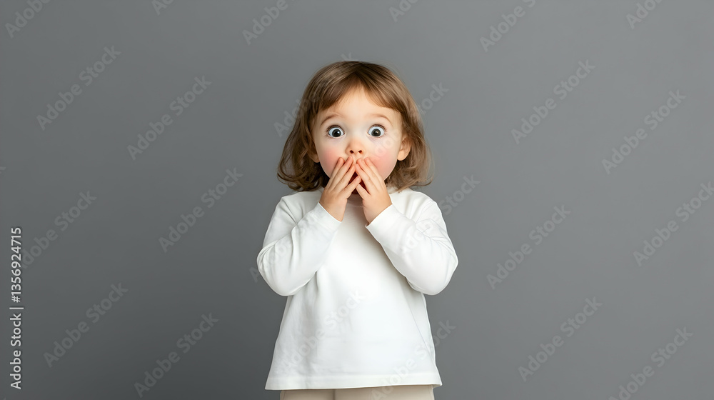 A toddler girl in a white shirt looks surprised, hands covering her mouth against a gray background A toddler girl in a white shirt looks surprised, hands covering her mouth against a gray background