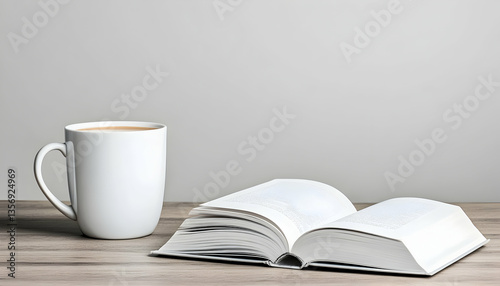 A white mug of coffee rests beside an open book on a wooden table against a neutral background