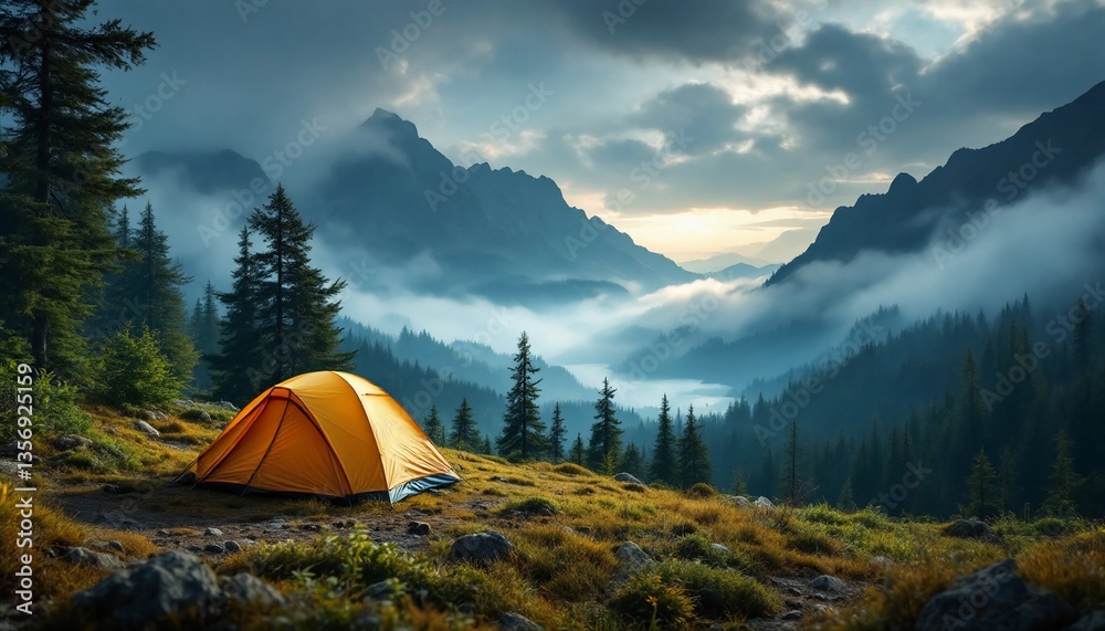 Solitary tent beneath mountainous skyline shrouded in fog peaceful escape Solitary tent beneath mountainous skyline shrouded in fog peaceful escape