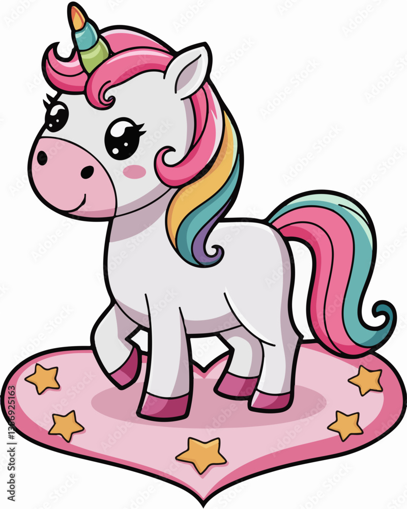 Fototapeta premium A cute cartoon unicorn standing on a heart-shaped platform adorned with stars
