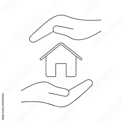 Line art illustration of hands protecting a house