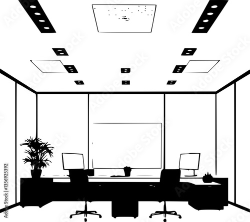 Monochrome illustration of a smart office with touchscreens modern technology minimalist design black and white corporate workspace innovation