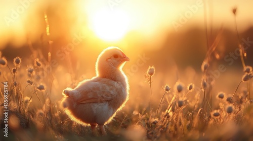 A delightful baby chick stands in a sunlit field of golden flowers at sunset, bringing a warm and serene atmosphere that captivates the viewer's heart and imagination.