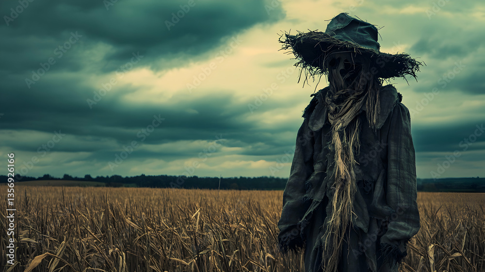 Fototapeta premium Eerie scarecrow figure shrouded in mystery amidst a golden cornfield under stormy skies
